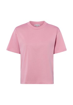 Różowa, jasnoróżowa koszulka z krótkim rękawem i okrągłym dekoltem, o luźnym kroju, z widoczną metką marki Marie Lund wewnątrz kołnierzyka.