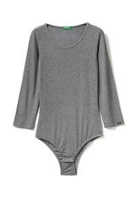 Szary bodysuit z długim rękawem wykonany z rypsowanego materiału. Posiada okrągły dekolt, dopasowany krój oraz zapięcie na zatrzask w kroku. Detal z zieloną metką.