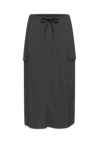 Grijze midi rok met een elastische tailleband en verstelbare trekkoord. Voorzien van twee zijzakken en een gladde, lichte stof.