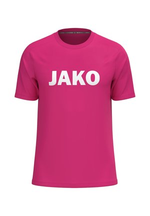 Hellpinkes kurzärmeliges Sportshirt mit Rundhalsausschnitt und großem weißem "JAKO"-Text auf der Vorderseite.