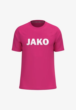 Maglietta sportiva a maniche corte di colore rosa acceso con scollo rotondo e grande testo bianco "JAKO" sul davanti.