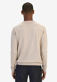 Beige stickad tröja med rund hals, lång ärm och ribbade muddar. Slät textur med en svag lyster, visad bakifrån.