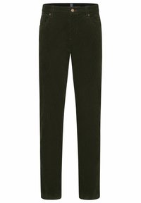 Donkergroene corduroy broeken met een recht model, voorzien van een knoopsluiting, vijf zakken en subtiele verticale ribbelstructuur.