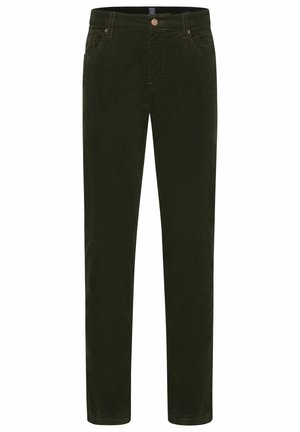 Pantalon en velours côtelé vert foncé avec une coupe droite, comportant une fermeture à bouton, cinq poches et une texture de côtes verticales discrètes.