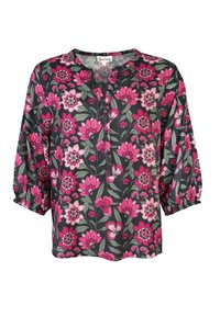 Blumenbluse mit pinken und grünen Blumenmustern auf dunklem Hintergrund. Verfügt über einen Rundhalsausschnitt, Knöpfe und Puffärmel.