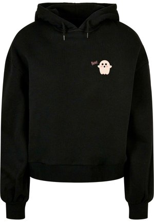 Schwarzer Pullover-Hoodie aus Baumwolle, mit einem Geistergrafik und dem Schriftzug "Boo!" in rosa auf der linken Seite. Rippenbündchen an Ärmeln und Saum.