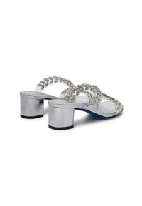 Sandali con tacco trasparente e dettagli argentati, dotati di un cinturino decorativo e un tacco metallico spesso. Materiale trasparente con dettagli sottili.