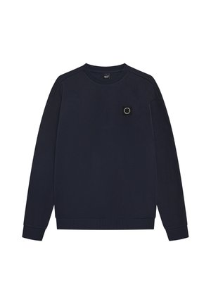 Mörk marinblå långärmad sweatshirt med rund hals och en liten cirkulär logotyp på vänster bröst.
