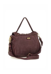 Borsa a mano in pelle bordeaux con parte superiore trapuntata, doppi manici e tracolla regolabile. Presenta dettagli in hardware color oro e cuciture decorative.