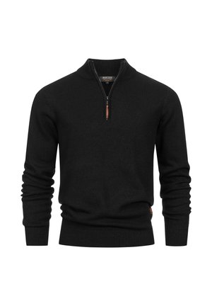 Zwarte zip-necksweater met geribbelde manchetten en onderrand, voorzien van een korte ritssluiting en een leren accent bij de halslijn. Zachte gebreide textuur.