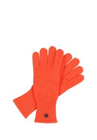 Gants en tricot orange avec des poignets côtelés, présentant un accent de bouton noir. Texture douce, design à cinq doigts pour la dextérité et la chaleur.