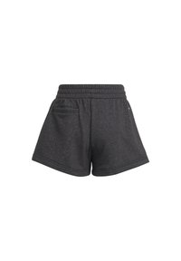 Pantalones cortos de algodón de color gris oscuro con cinturilla elástica, que presentan bolsillos laterales y un ajuste relajado, textura suave y diseño informal.
