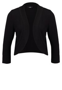 Blazer corto negro de frente abierto con mangas largas y cuello chal.