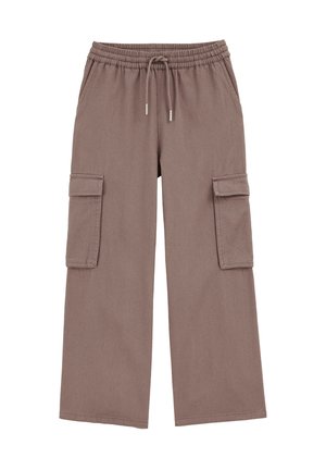 Cargo pants in a taupe color, featuring an elastic waistband, drawstring, and two side pockets. Made of a textured fabric. Wide-leg design.