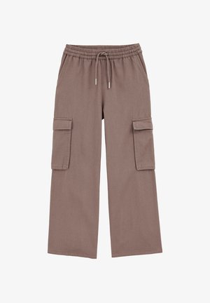 Cargo hlače v taupe barvi, z elastičnim pasom, vrvico in dvema stranskima žepoma. Narejene so iz teksturirane tkanine. S širokimi hlačnicami.
