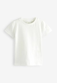 T-shirt blanc uni à manches courtes et col rond, posé à plat sur un fond blanc.