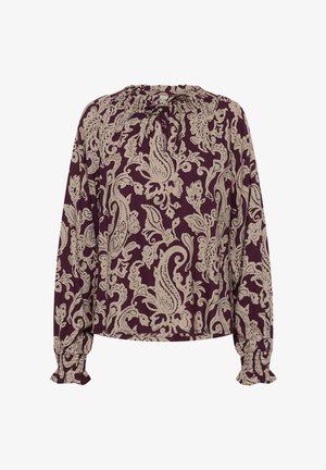 Sügava burgundi värvi pika varrukaga pluus beeži paisleemustriga, millel on kogutud kaelus ja elastsete mansettidega, valmistatud kergest kangast.