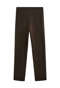 Pantalons en coton marron avec une coupe droite, dotés de deux poches latérales et d'une taille élastique pour le confort. Texture lisse.