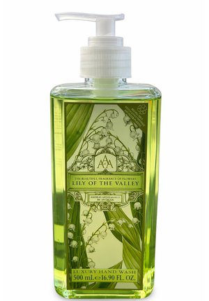 Transparente Pumpspenderflasche mit grünem Maiglöckchen Luxus-Handwaschmittel, 500 ml, dekoriert mit Maiglöckchen-Illustrationen auf dem Etikett.