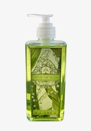 Transparente Pumpspenderflasche mit grünem Maiglöckchen Luxus-Handwaschmittel, 500 ml, dekoriert mit Maiglöckchen-Illustrationen auf dem Etikett.