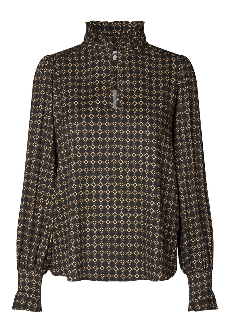 Blusa nera a maniche lunghe con colletto alto e volant, e polsini arricciati. Presenta un motivo geometrico dorato con disegni circolari.