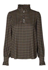 Must nagu must blouse pikad varrukad, kõrge rüüsiga kaelus ja volangkäised. Blouse'il on kogu pinnal geomeetriline muster kullas ja tumedates toonides.