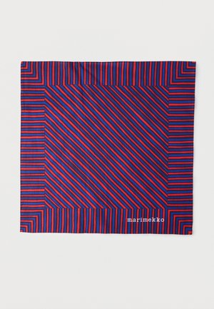 Šilkinis šalikas su įstrižomis raudonų ir mėlynų juostų juostelėmis, su vientisu rėmeliu, baigtas baltu „marimekko“ logotipu.