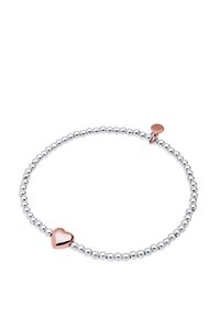 Silberner Perlenarmband mit einem polierten roségoldenen Herzanhänger und einem kleinen roségoldenen Akzent. Glatte Textur mit metallischem Finish.
