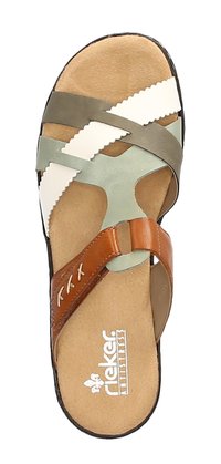 Sandale à glisser en cuir marron et synthétique multicolore, présentant des sangles croisées gris, blanc et vert avec des accents texturés.