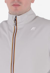 Giacca zip-up grigia chiara con colletto alto, dotata di una cerniera multicolore e di una toppa con logo sul lato sinistro superiore. Texture liscia.