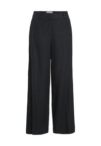 Pantalones de pierna ancha negros con una textura suave, que presentan una parte delantera plana, lazos para cinturón y una sutileza de pliegue a lo largo de las piernas.