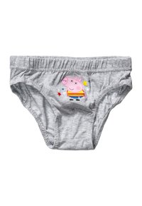 Grå bomuldsbørneundertøj med et trykt karakter med et pink ansigt, iført en stribet skjorte og omringet af farverige stjerner.