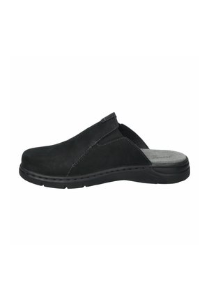 Black slip-on shoes made of suede with a textured surface, featuring side cutouts and a padded insole for comfort, on a rubber sole.