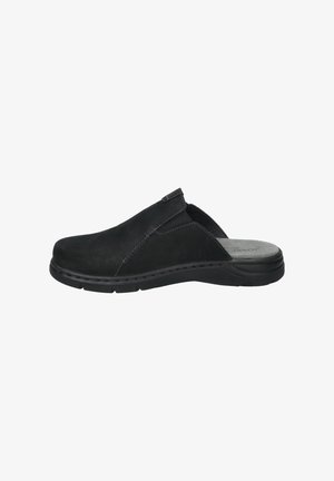 Black slip-on shoes made of suede with a textured surface, featuring side cutouts and a padded insole for comfort, on a rubber sole.