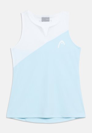 Ermeløs damesportstopp med hvit øvre del, lyseblå nedre del, liten buet hvit logo på brystet og V-formet splitt i halsen.