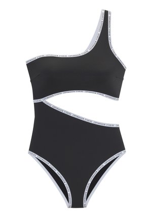 Mustakuvallinen, yhdellä olalla oleva uimapuku, jossa on korkea vyötärö. Reunassa valkoiset brändäykset olkaimissa ja vyötärön kohdalla. Materiaali on sileä ja venyvä.