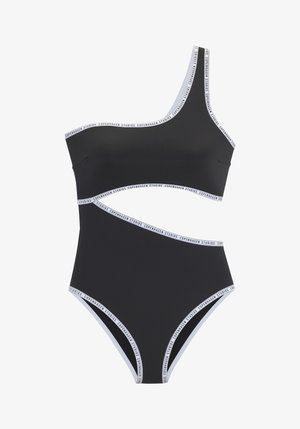Mustakuvallinen, yhdellä olalla oleva uimapuku, jossa on korkea vyötärö. Reunassa valkoiset brändäykset olkaimissa ja vyötärön kohdalla. Materiaali on sileä ja venyvä.