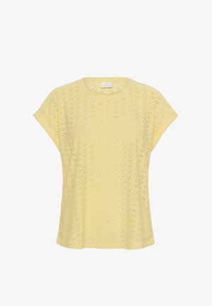 Žltý krátky rukáv top s geometrickým výrezovým dizajnom, okrúhlym výstrihom a voľným strihom. Vyrobený z ľahkého, priedušného materiálu.