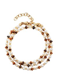 Gold-tone clasp necklace with three strands; features white and brown pearls, wooden beads, and metallic accents.