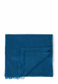 Écharpe bleu canard en tissu doux, avec un bord frangé et une texture lisse, soigneusement pliée avec une couche légèrement superposée.