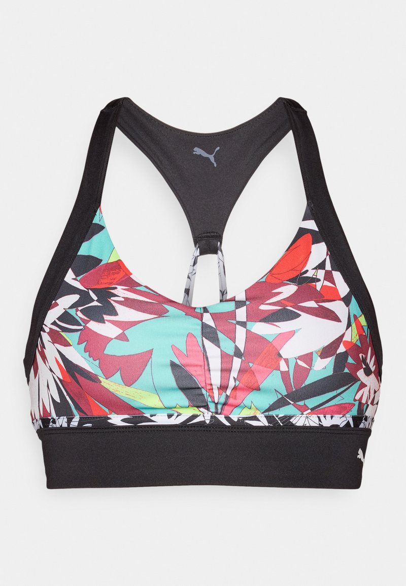 Sport-BH mit floralen Mustern in Rot, Grün und Schwarz, einem festen schwarzen Bund und Racerback-Design; aus leichtem, dehnbarem Material.