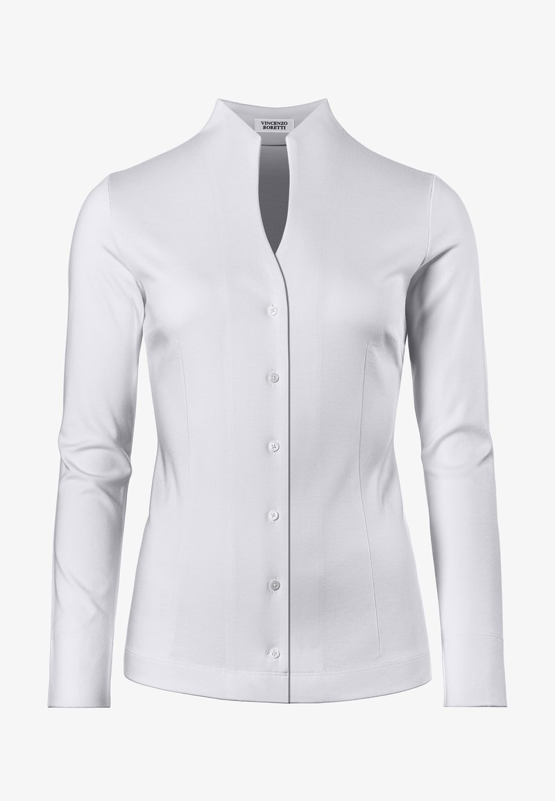 White long-sleeve shirt made of smooth fabric, featuring a stand-up collar, front button closure, and side seams for a fitted shape.