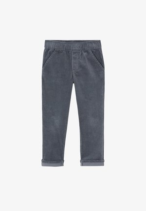 Gray corduroy pants featuring subtle vertical stripes, two side pockets, and a rolled hem at the ankles. Stretch waistband for comfort.