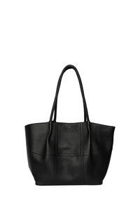Zwarte leren tote bag met twee lange handvatten, een gestructureerde vorm en gestikte details, biedt een soepele textuur en een ruime interieur.
