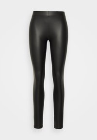 Leggings en faux cuir noir avec un design ajusté et élégant. Texture lisse, style longueur complète et taille élastique pour plus de confort.