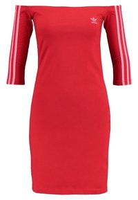 Red off-the-shoulder dress made of stretch fabric, featuring three pink stripes down each sleeve and a small white logo on the chest.