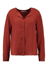 Rust-colored blouse with long sleeves, a soft collar, and front button closure. Made from lightweight fabric with a smooth texture.