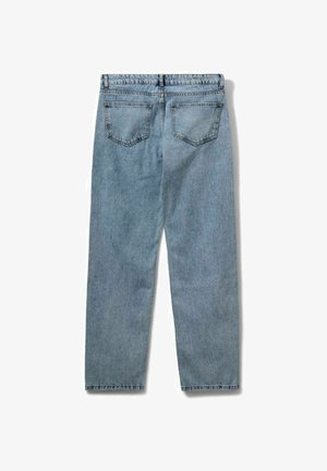 Light blue denim jeans with a straight cut, two back pockets, and a waistband with belt loops. Features faded texture and minimal stitching details.