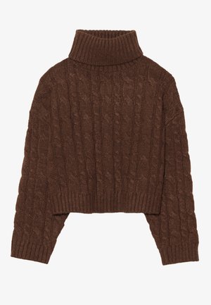 Brauner, kabelgestrickter, kurzer Pullover mit hohem Rollkragen und langen Ärmeln, der einen gerippten Saum und ein strukturiertes Muster aufweist.