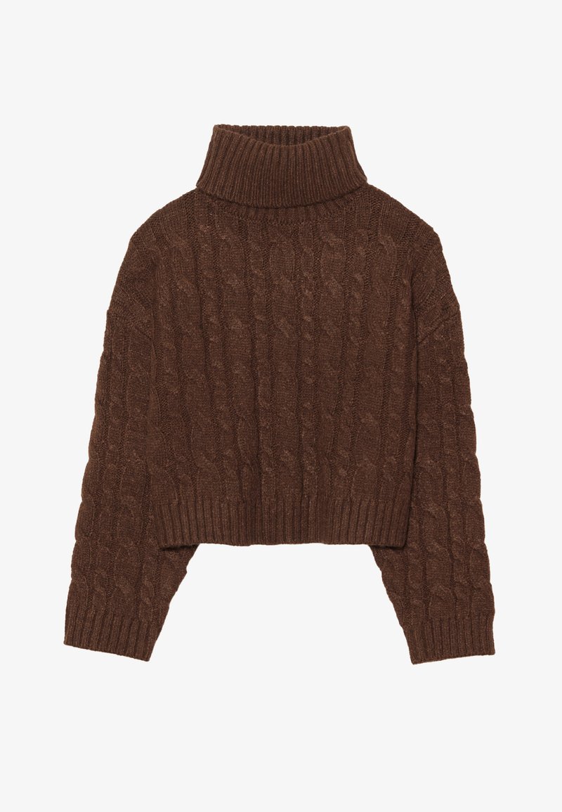 Ruda kabelio austas trumpas megztinis su aukštu apykakle ir ilgomis rankovėmis, su įpjovimu apačioje ir tekstūrine rašte visame megztinyje.